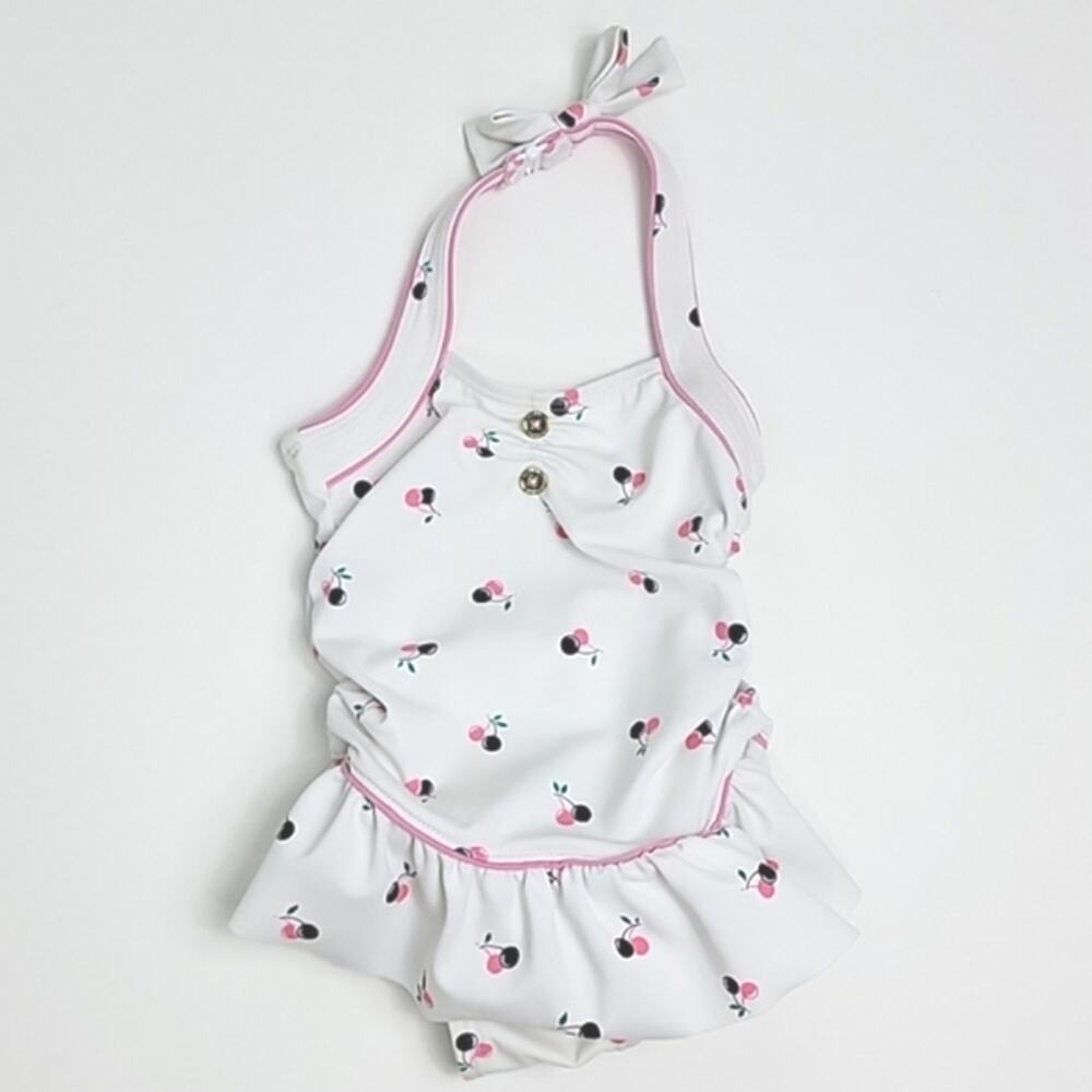 Janie and Jack Ruffle Skirt Cherryâ Print White Pink One Piece Swimsuit 6-12M